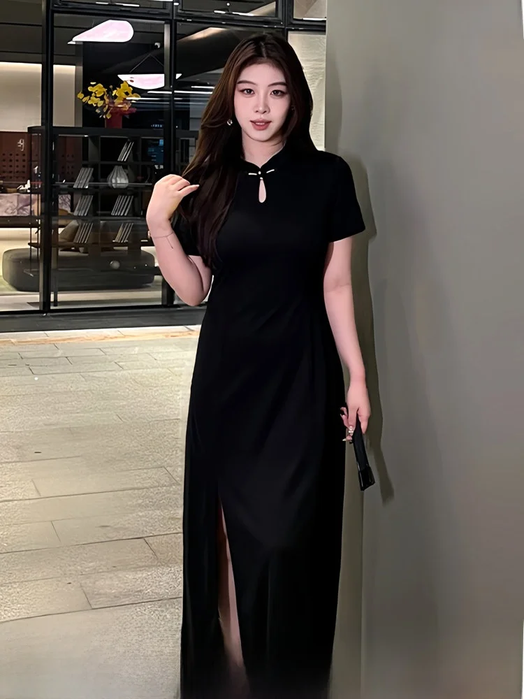 

New Chinese Style plus Size Women's Dress Waterdrop Collar Long Skirt A-Line Silhouette Breathable Comfortable Summer Dress