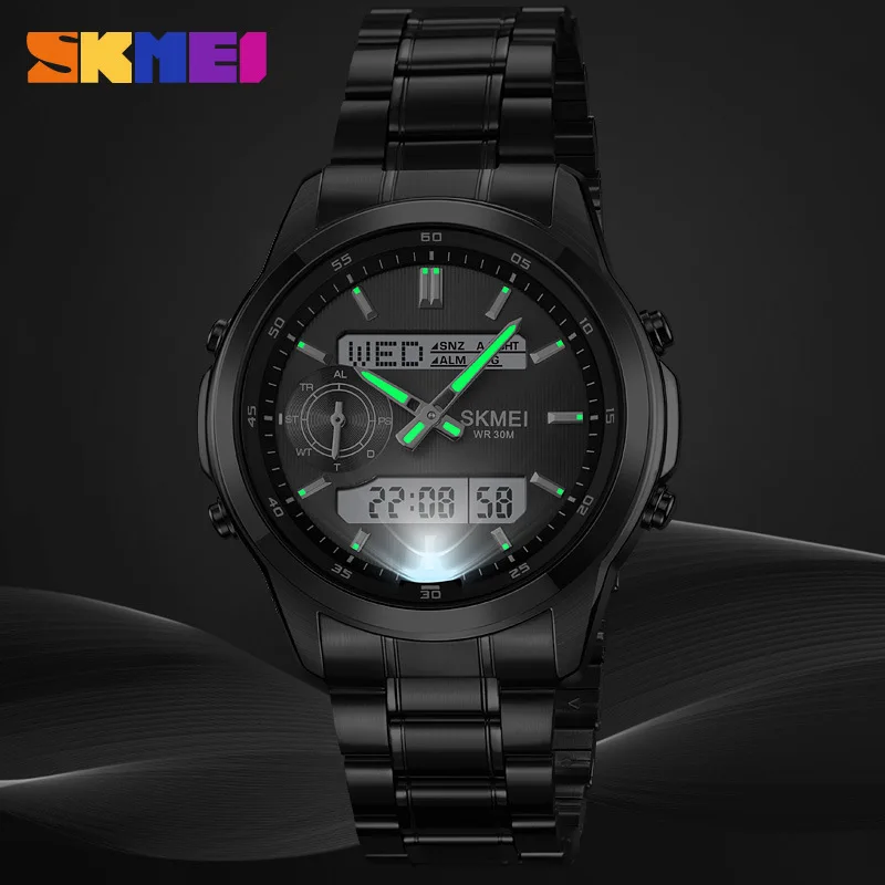 Skmei Double Display Men's Multi-Functional Steel Strap Casual Daylight Saving Time Waterproof Electronic Watch