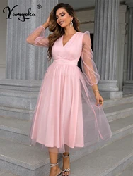 Sexy Pink mesh maxi summer dress women elegant bridesmaid evening dresses woman long sleeve casual birthday party dress vestidos