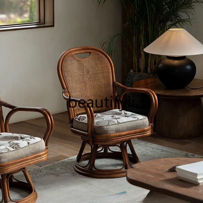 

LXJapanese rattan rotatable tea room leisure chair real rattan living room single small sofa chairsss