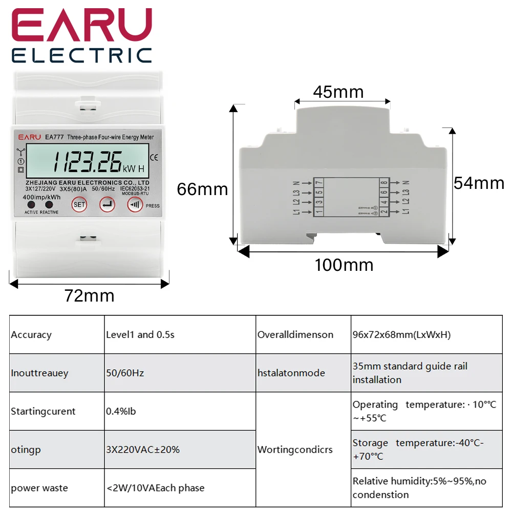 80A Three-phase Four-wire Rail-mounted Multi-function Active Electricity Meter RS485 Remote Communication for Meter Reading 380V