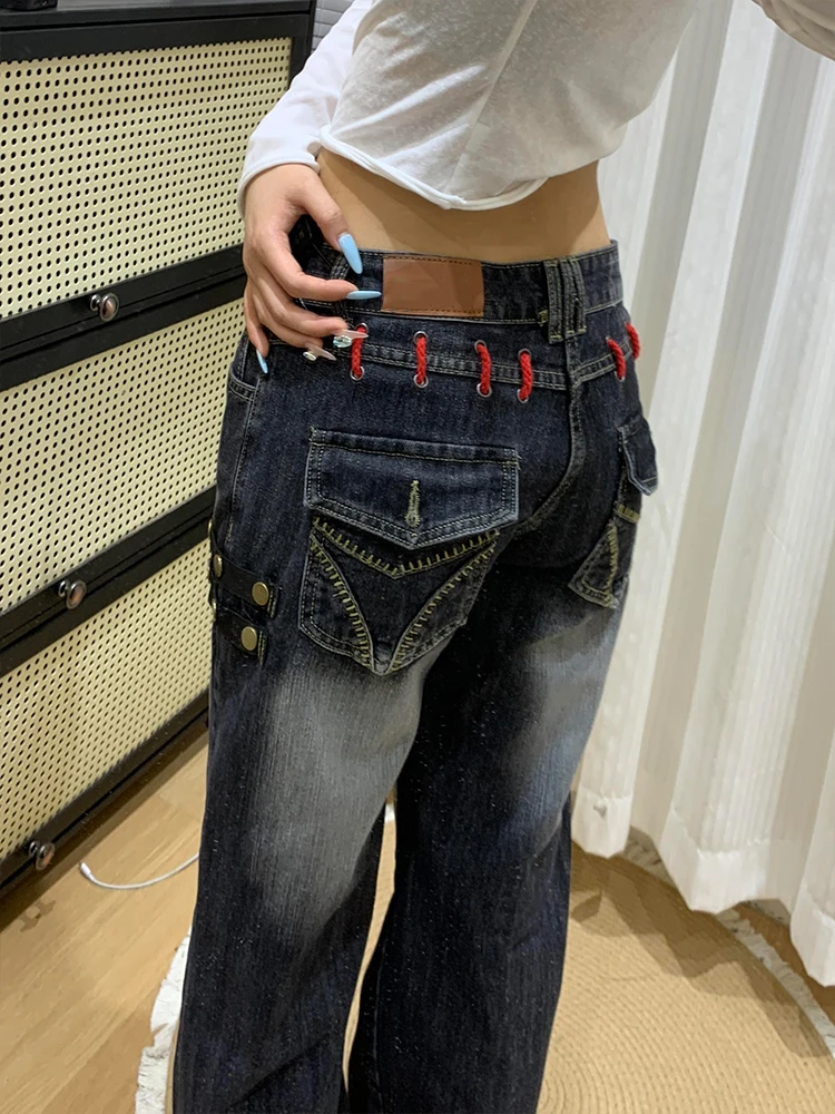 

Джинсы прямого кроя с низкой талией в американском стиле, женские джинсовые брюки в стиле ретро, субкультурные, облегающие, повседневные, износостойкие