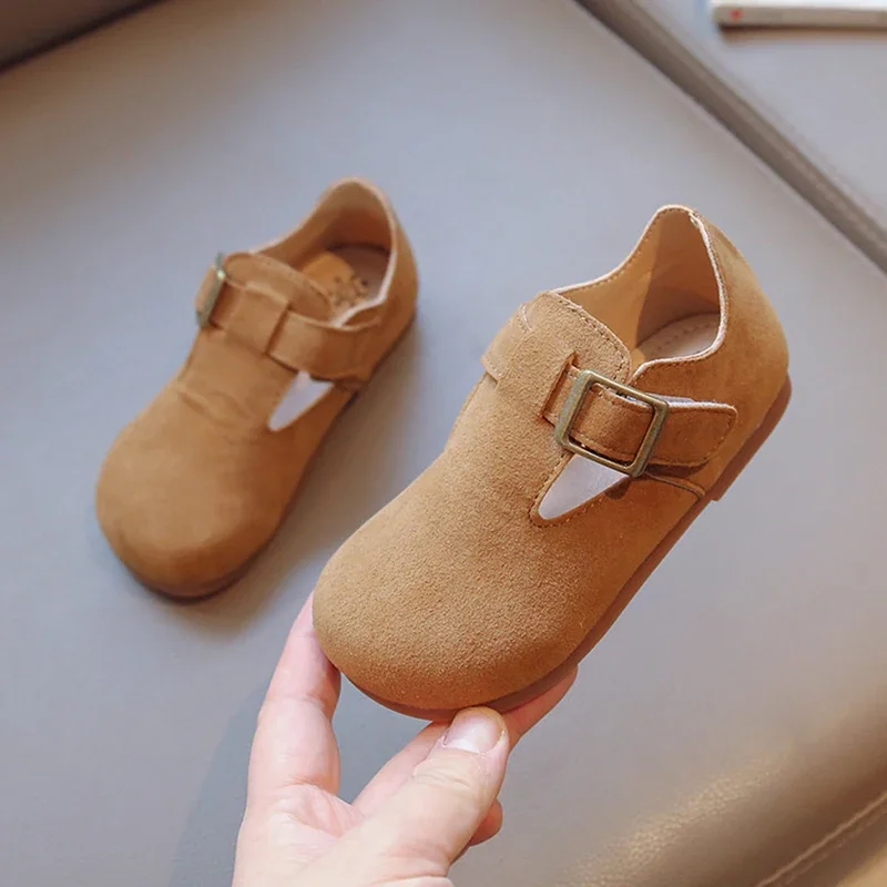 Litile Kid Buckle Hoop & Loop Shoes Girl Boy Suede Flat Shoe 2024 Spring Autumn Baby Child Round Toe Soft Sole Shoe 21-30