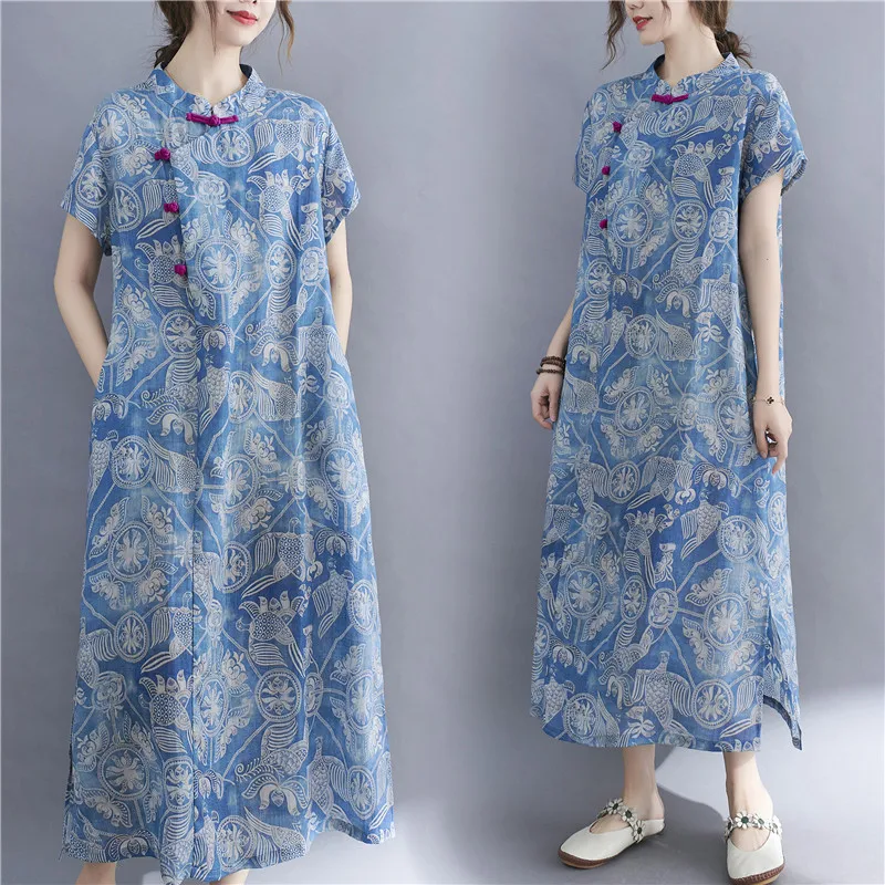 Estampado retro Dr Algodón Lino ort Sve Chino Sle Stand Collar Largo Dr Étnico Faion Commute Sle