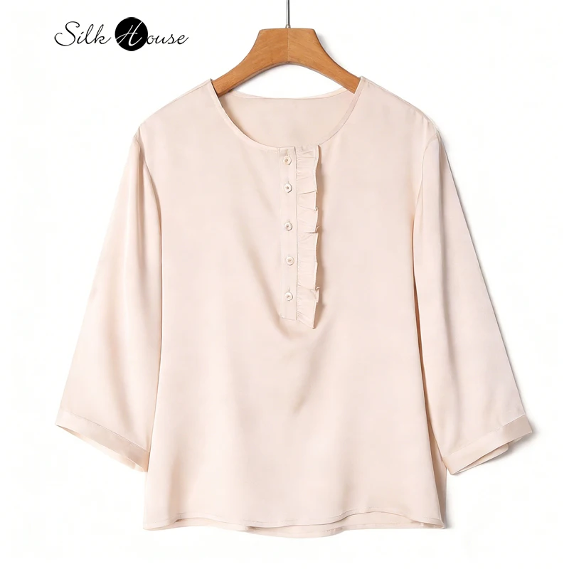 2026 Spring/Summer Women's New Light Pink 92.8% Natural Mulberry Silk Double Qiao Satin Round Neck Three-quarter Sleeve T-shirt