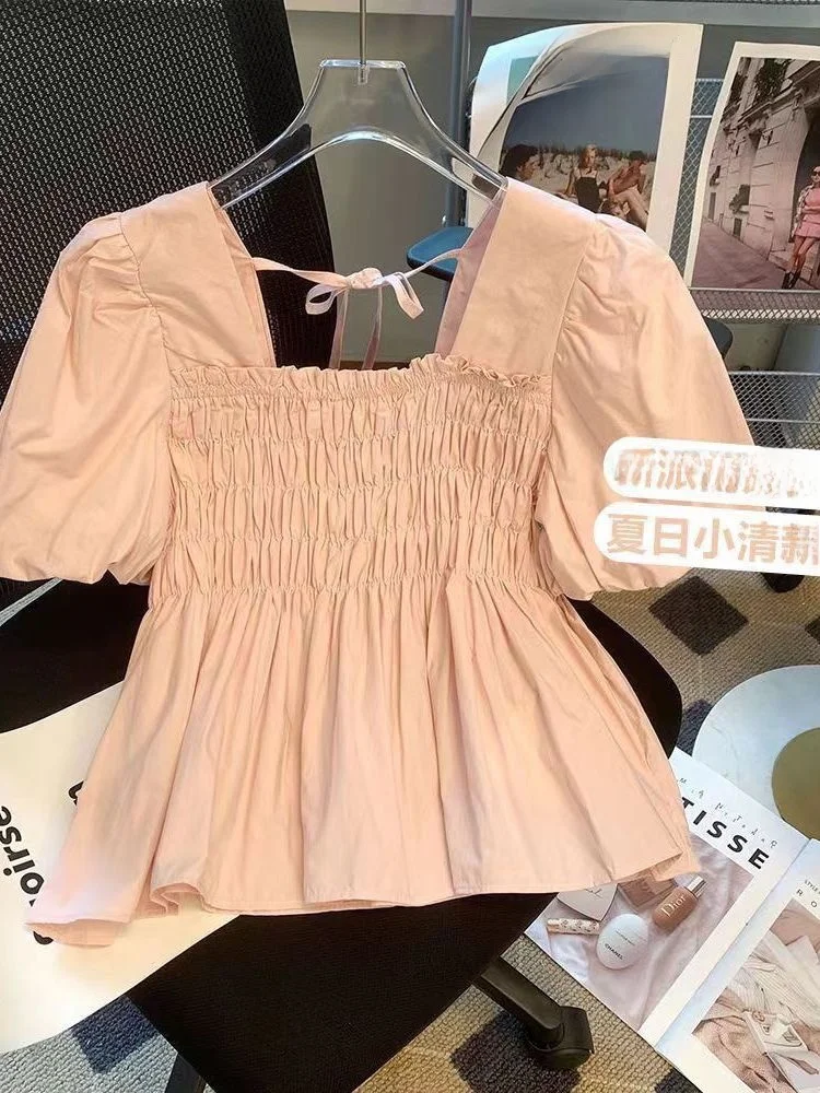 

Chic Summer Short Sleeve Bubble Sleeve Square Collar Women's Shirt Sweet Belly Covering Ultra Fairy Tale Beautiful Korean Style