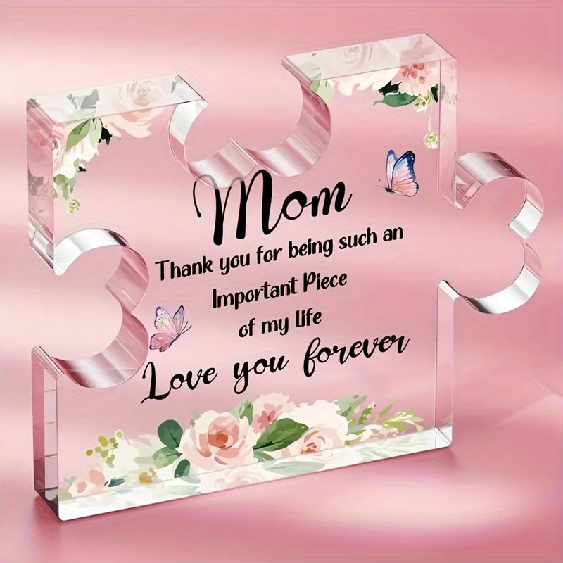 Placa de acrílico con rompecabezas con la frase "Mamá, pieza importante de mi vida" - Diseño de rosa y mariposa - Regalo perfecto para el Día de la Madre o cumpleaños