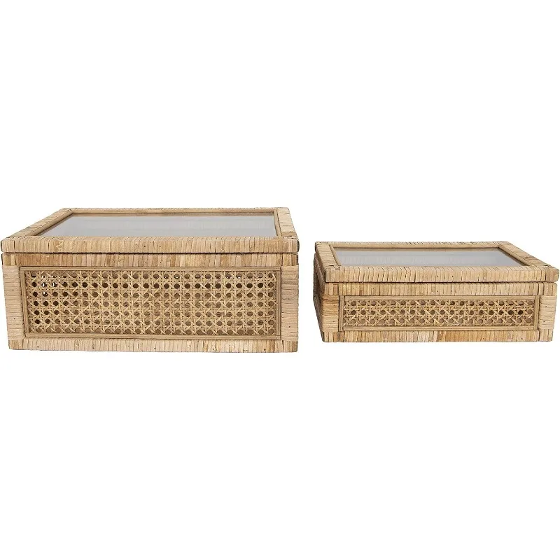 

Modern Decorative Rectangle Woven Rattan and Wood Display Boxes with Glass Top, Set of 2 Sizes, Natural Finish