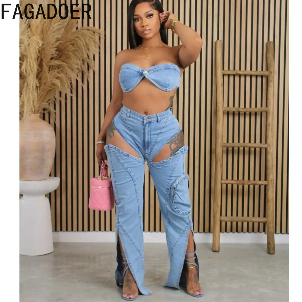 FAGADOER Fashion Denim Zipper Hollow Out Two Piece Sets Women Sleeveless Backless Bra And Skinny Pants Outfits Female Clothing