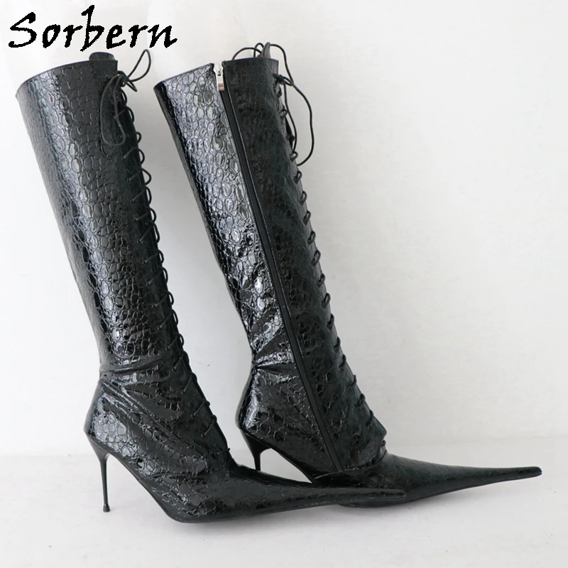 Sorbern 10Cm Cigarette Metal Heel Knee High Boots Women Pointy Toes Stilettos Lace Up Itay Style Plus Size Boot Custom Wide Fit