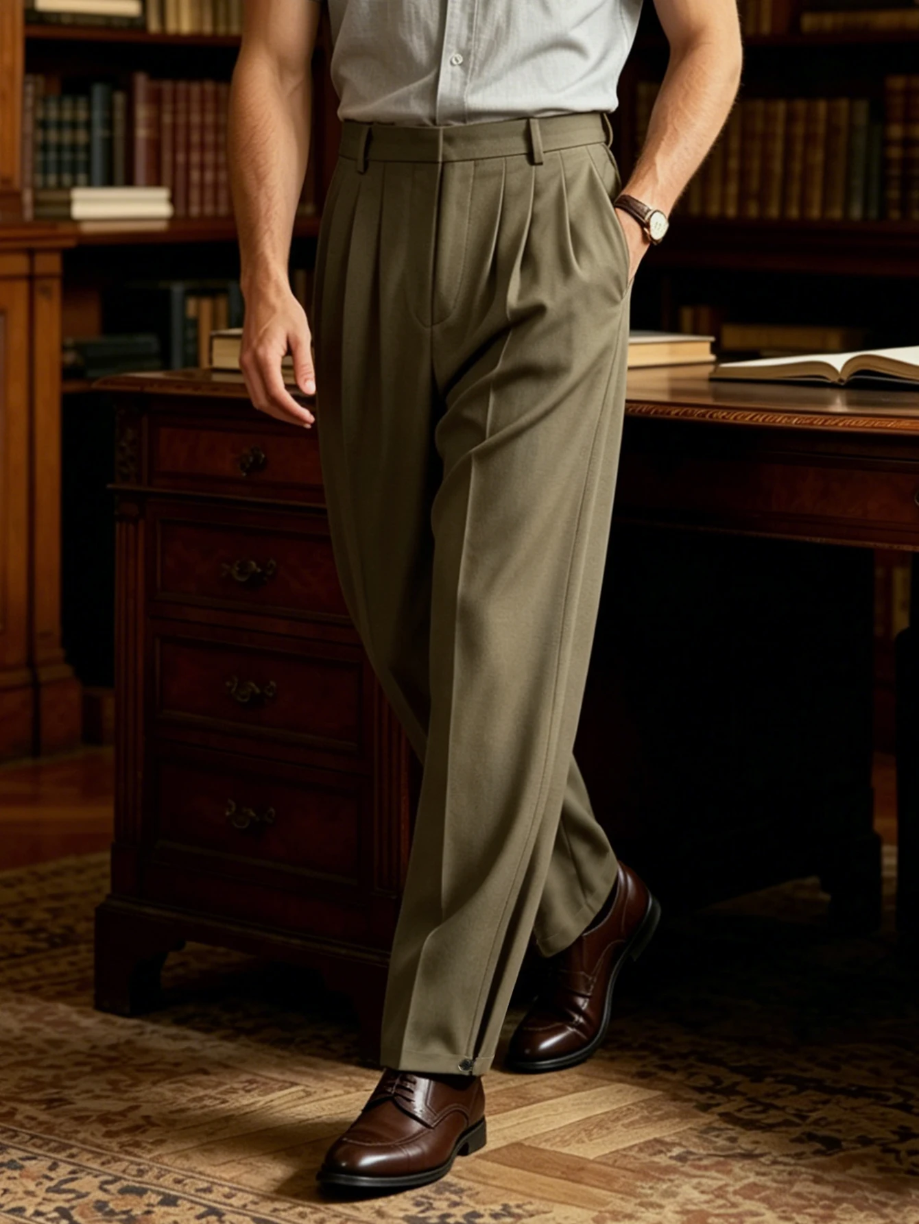 

2026 SS Solid Woven Pleated Suit Pants for Men, Zipper Closure, Pockets, Adjustable Cuff Buttons,Loose Wide Leg Casual Pants