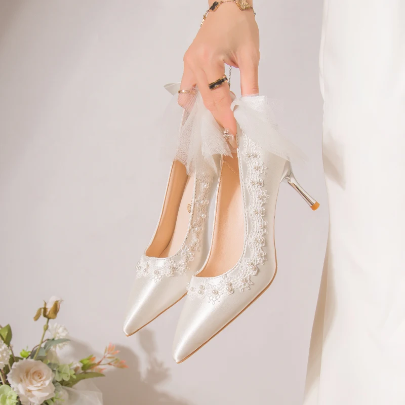 Wedding Shoes Bride White Wedding Shoes Female Satin High Heels Bow Pumps Women Shoes Rhinestone Lace High Heels Party Shoe