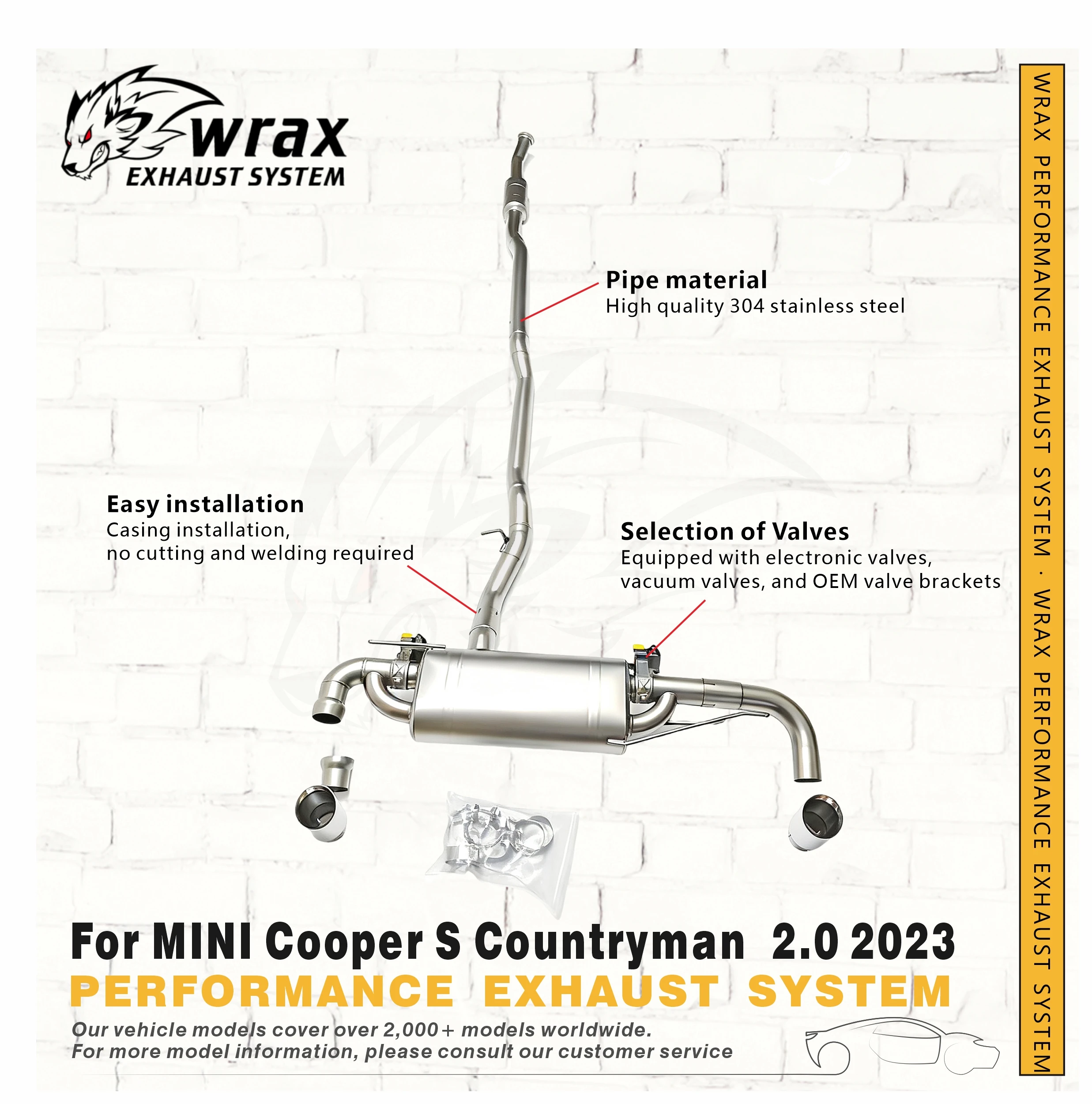 

WRAX Electronic Valve Catback for MINI Cooper S Countryman 2.0 2023 Corrosion-Resistant Steel Exhaust Boost Vehicle Performance