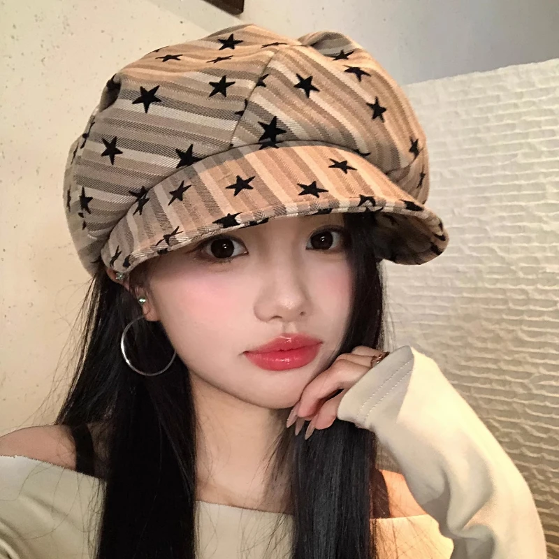 

Ins Sweet Star Printing Color Matching Striped Berets for Women Spring Autumn Travel Versatile Show Face Small Y2K Painter Hat