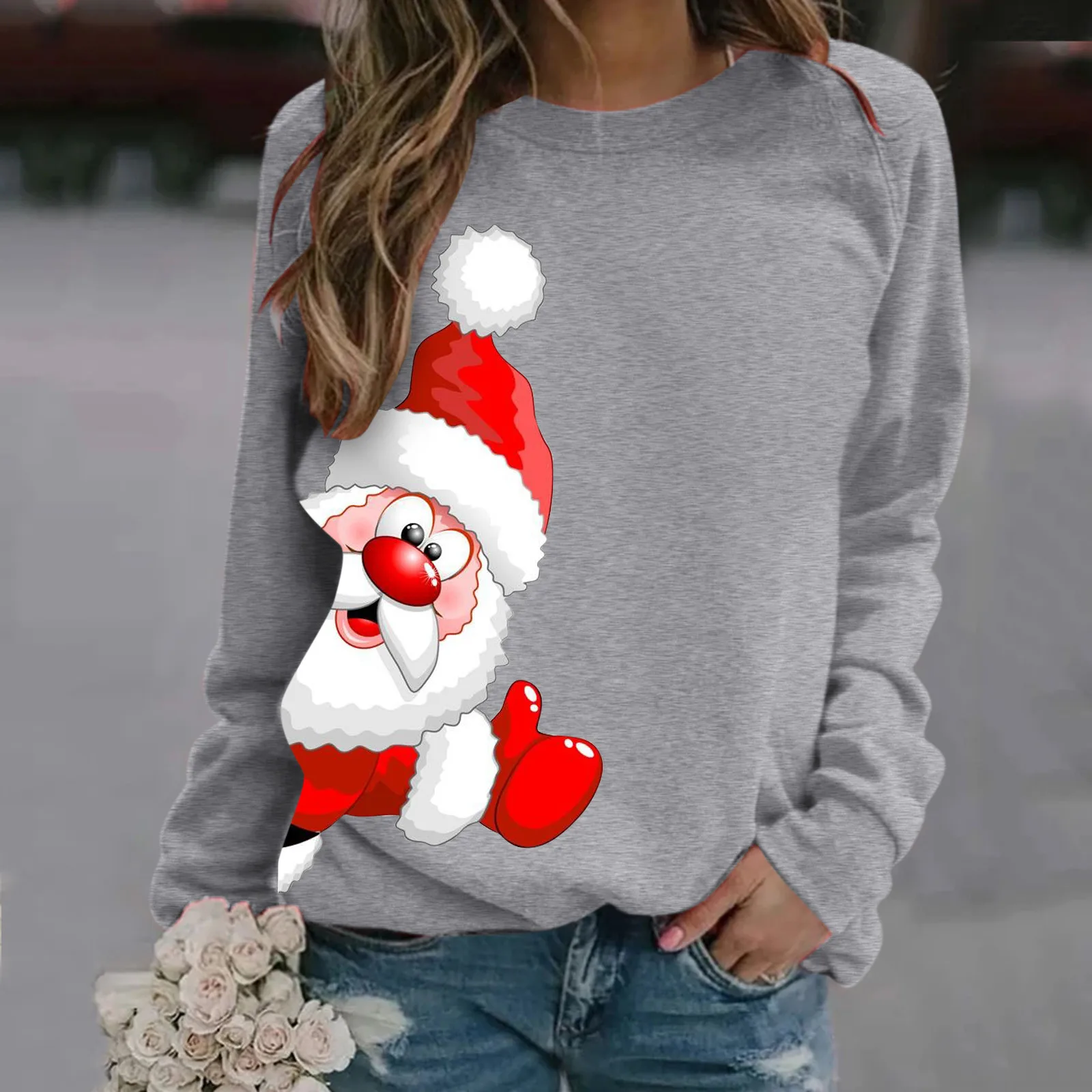 Print Santa Claus Women\'s Christmas Sweatshirts Top Long Sleeve Crew Neck Pullover Sweatshirt Merry Christmas Female Clothes