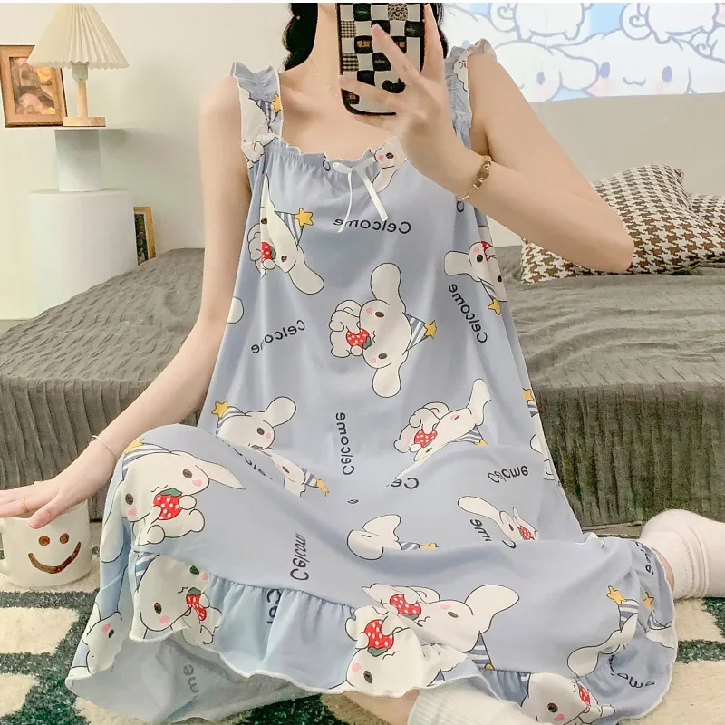 Sanrios Cinnamoroll Kuromi My Melody Anime Cartoon Cute Women Summer Home Clothing Dress Student Girl Pajama Skirt Nightgown