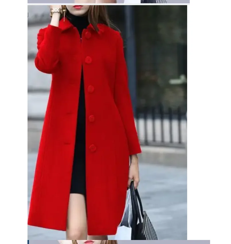 1pcs/lot luxury style New Autumn Winter Mid-Length Single-Breasted Slim Blended Woolen Overcoat Red Blue Black