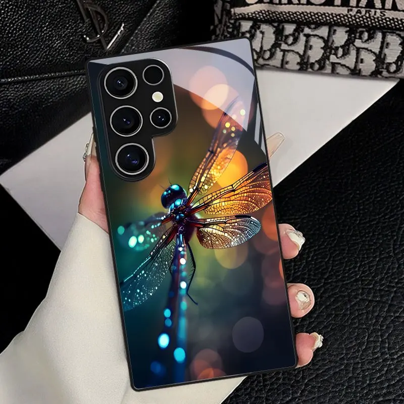 Coque de téléphone en verre trempé Dragonfly transformation, tendance et résistante aux chutes pour Samsung Galaxy S26/S25/S24/S23/S22/S21FE Ultra Plus
