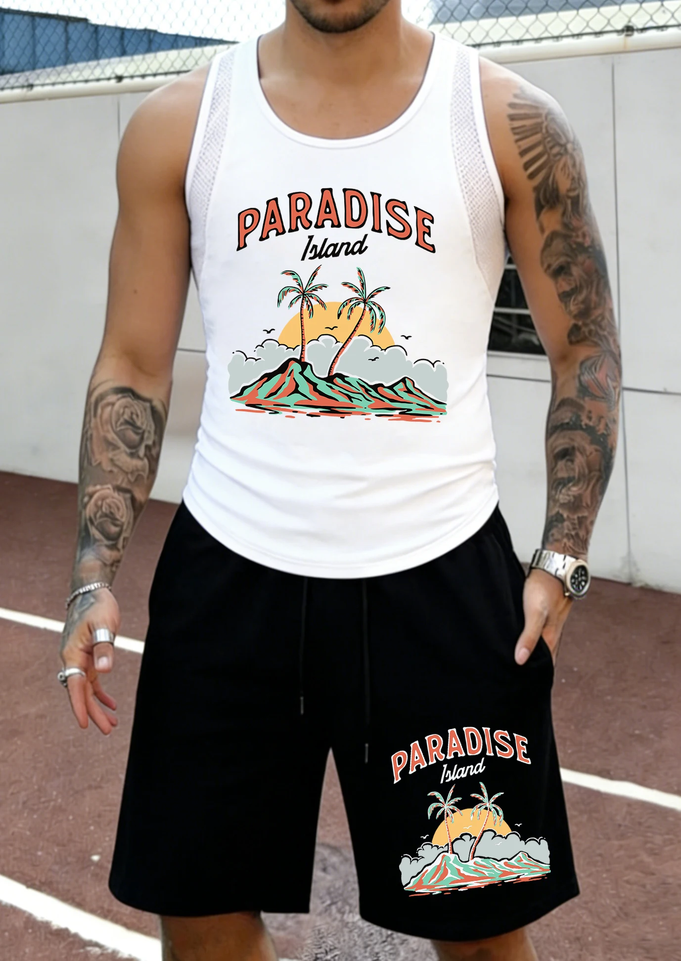 

Paradise Island Beach Design Mens Summer Mesh Comfy Sleeveless Sets Daily Drawstring Bottom Retro Casual Tank Top Gym Sportpant