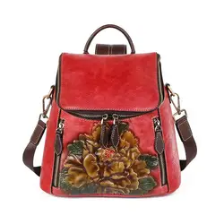 Genuine Cowhide Leather Women Bag Retro Floral High Quality Luxury Backpack For Female 2024 New Large Capacity Travel Backpacks