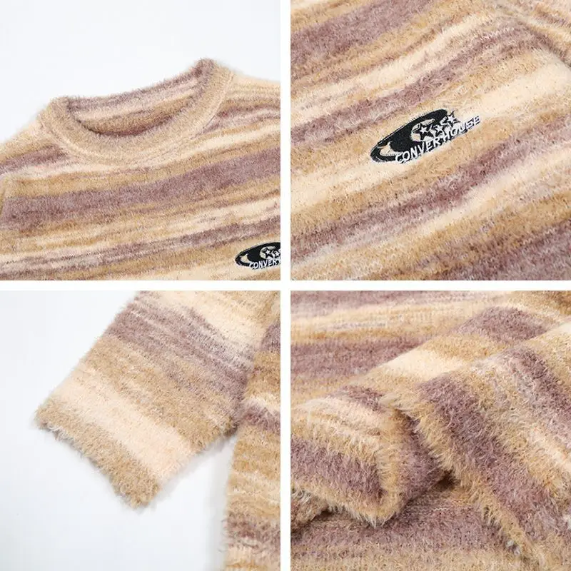 2025 سترة أمريكية متباينة الألوان بتغيير تدريجي بتصميم مخطط برقبة دائرية سترة محبوكة فضفاضة وعصرية للزوجين