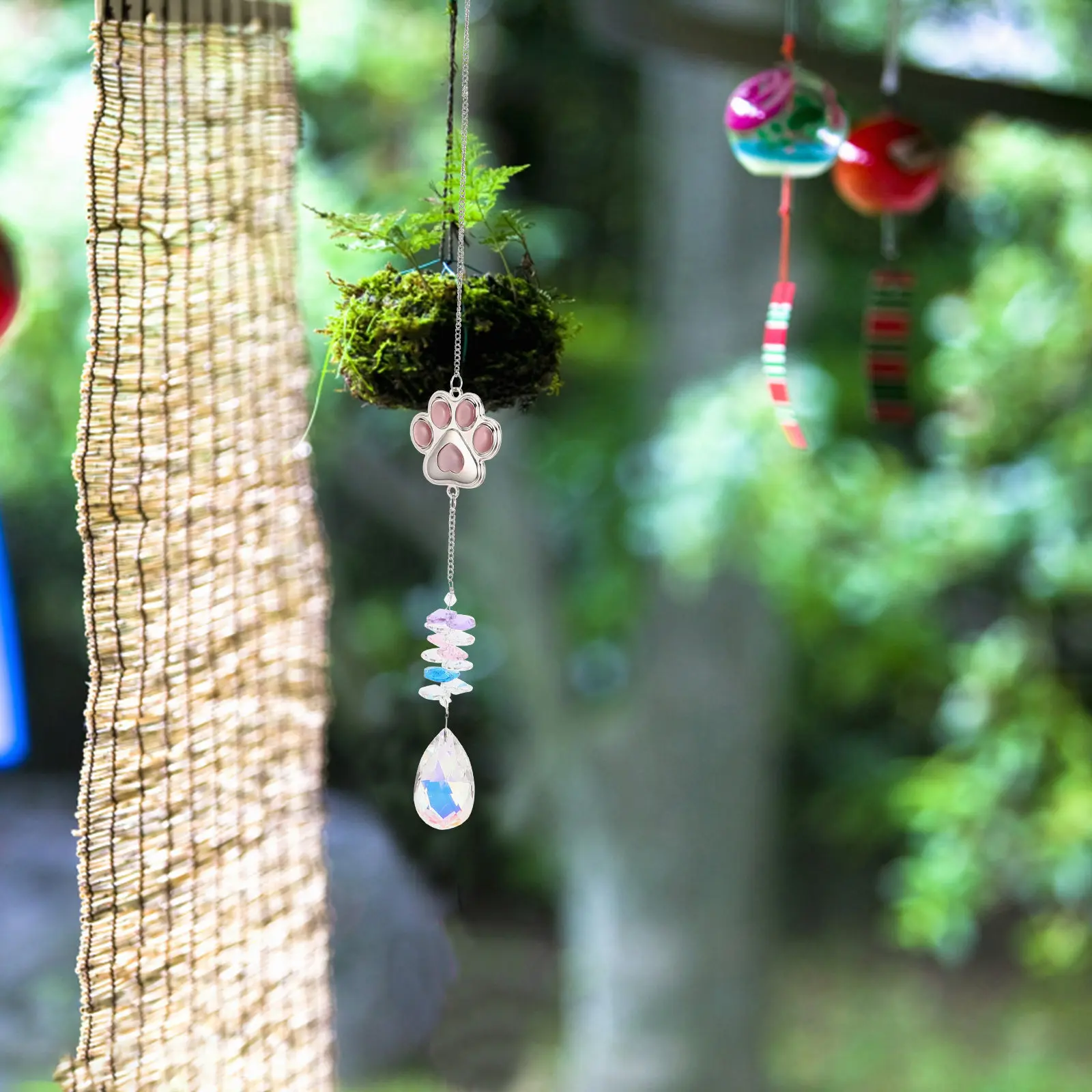 Crystal Dog Paw Print Wind Chime Sun Catcher Hanging Ornament Outdoor Garden Decor Pet Memorial Prism Yard Decorations Pink