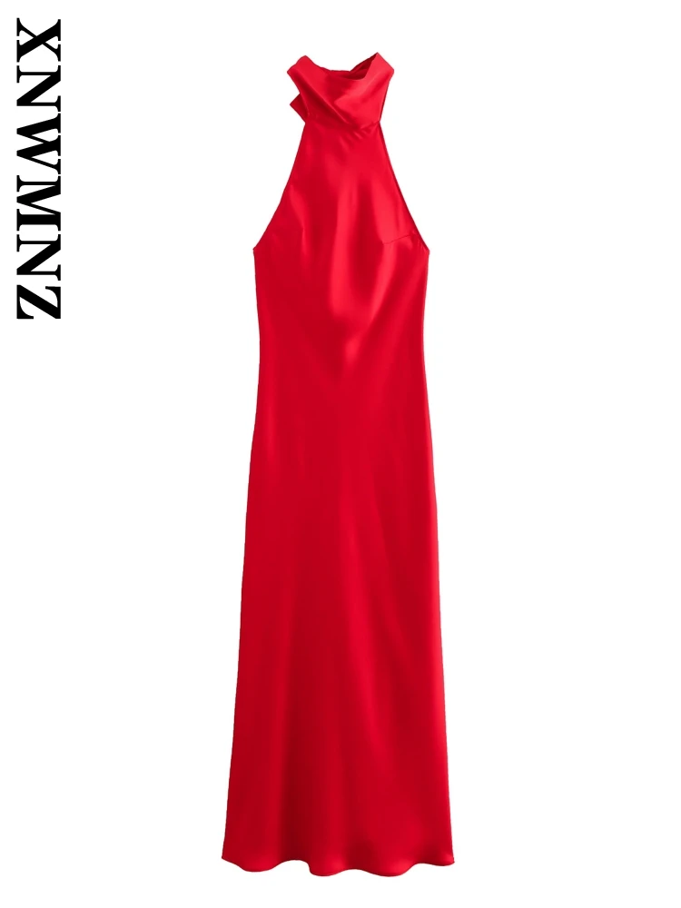 XNWMNZ 2024 Woman's Party Sleeveless Satin Maxi Skirt Dress Evening Party Female Long Length Dresses Regular Fit Halter Collar