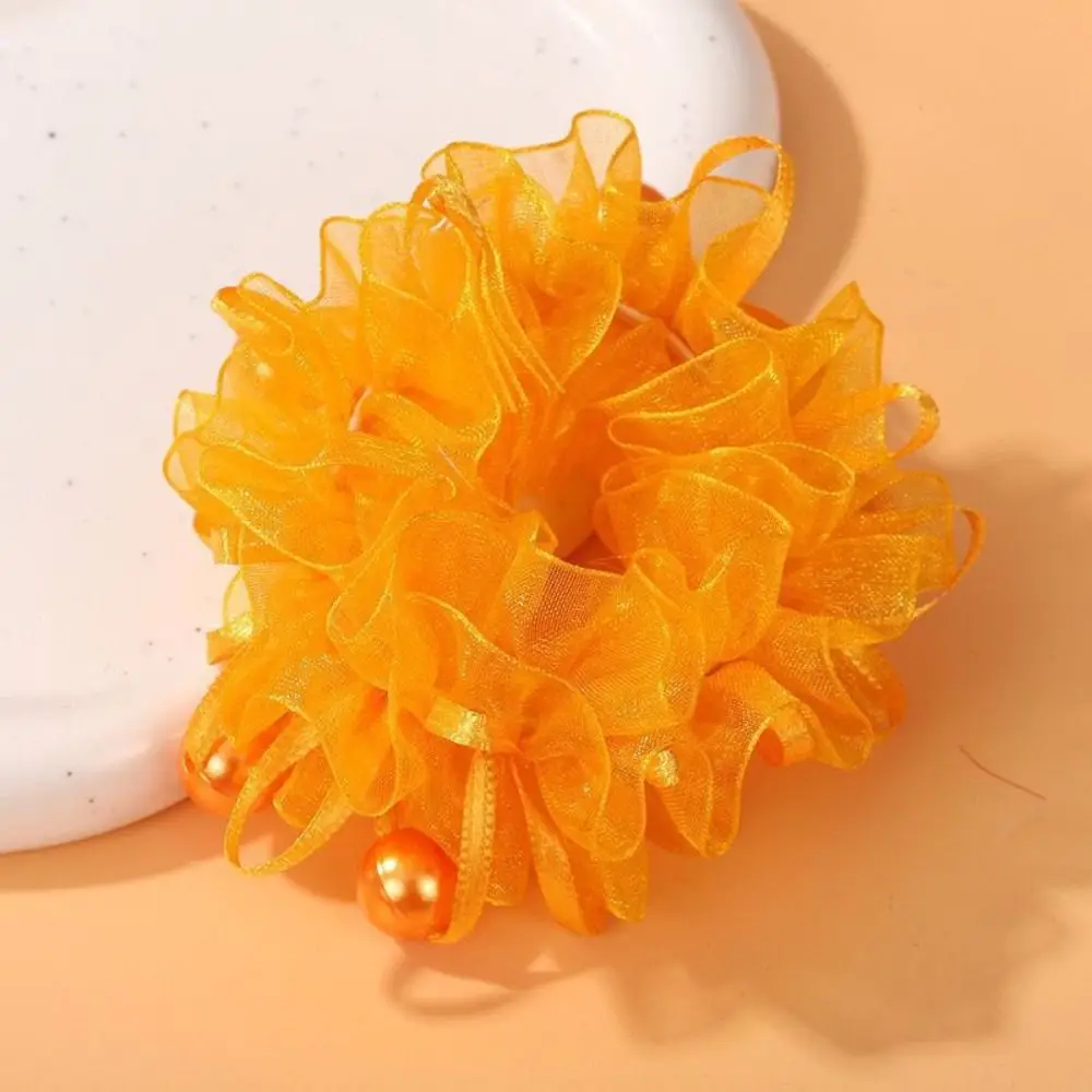 2Pcs Elastic Children Flower Pearl Hair Tie Colorful Hair Accessories Floral Scrunchie Ruffled Flower Hair Rope