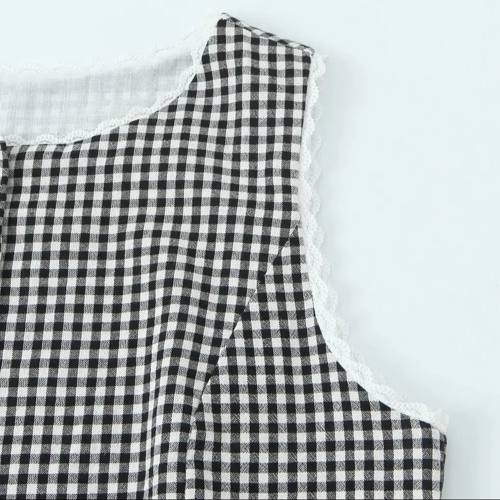 2025 Chic Black White Plaid Spliced Lace O neck Open Buttons Sleeveless Shirt Women Back Bow Lace-up Belt Tank Tops Tee Crop Top