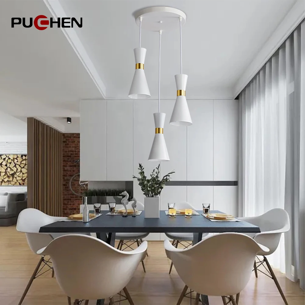 Puchen E27 Modern Chandelier Black White Iron Pendant Light Loft Retro Chandelier Lighting Fixtures  For Living Room Dining Room