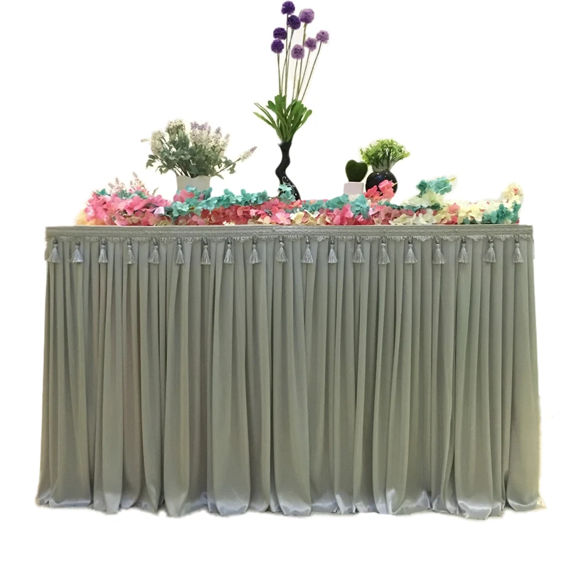 

10ft Long Ice Silk Table Skirt With Tassels Swag Table Cloth Skirting For Wedding Event Party Decoration