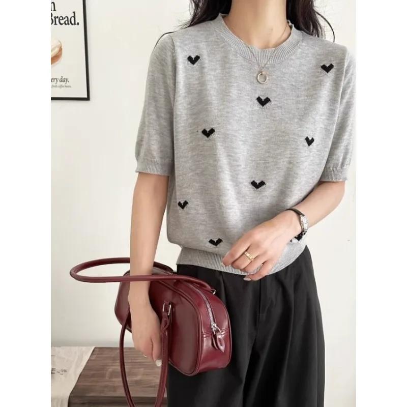 High-end love jacquard shoulder knitted short sleeve blouse thin round neck T-shirt half sleeve