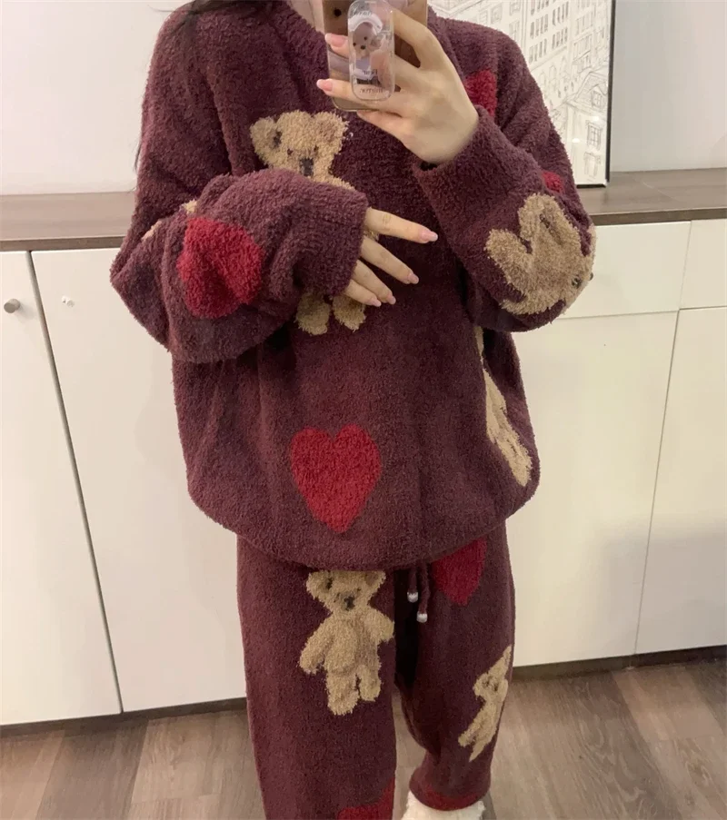 Nette Bär Korallen Fleece Warme Pyjama Sets Langarm O Neck Pullover Frauen Lose Cartoon Süße Loungewear 2025, Neue Mode