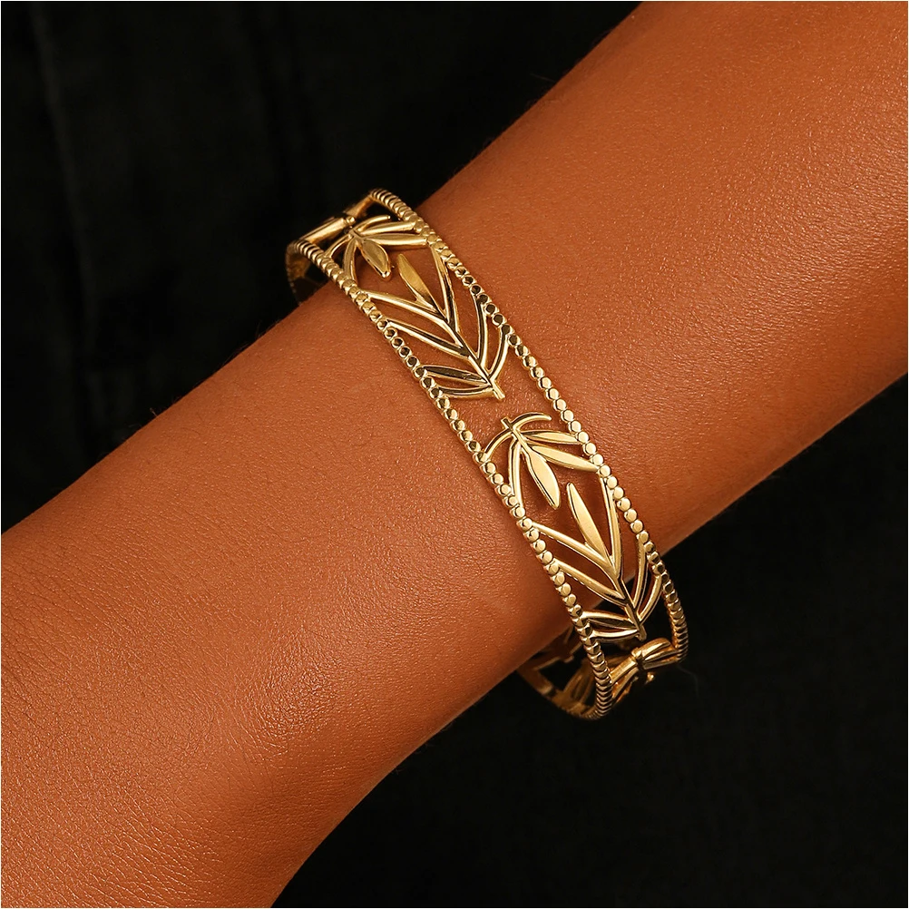 

Bracelets Sterling Silver Hollow Leaves Bangle Opening Cuff Gift Trendy Stainless Steel Man Wrist Accessory