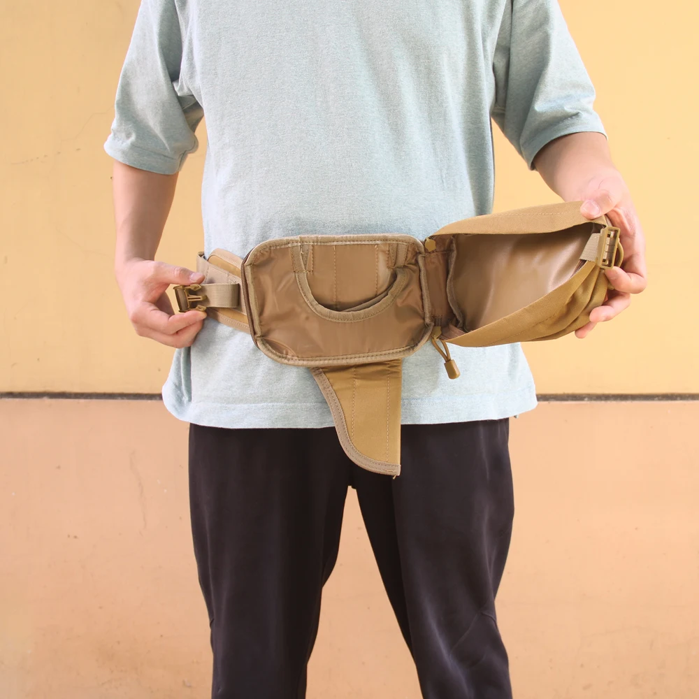 Bolsa de cintura multifuncional para atividades ao ar livre, dobrável, com vários bolsos, ajustável, para caça, camping e corrida.