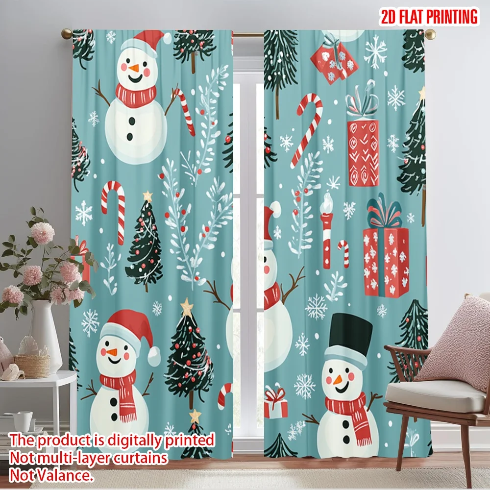 2pcs,2D plane printing Window Curtain Cute Snowman Christmas (2) Polyester Woven (without rod) Holiday for Bedroom, Living Room,