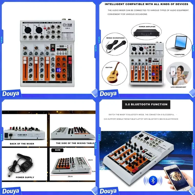 XTUGA JF04 Professional USB Audio Mixer 4-Channel Metal 3-Stage Equalization Mini DJ for Outdoor Performance 1 Year Warranty