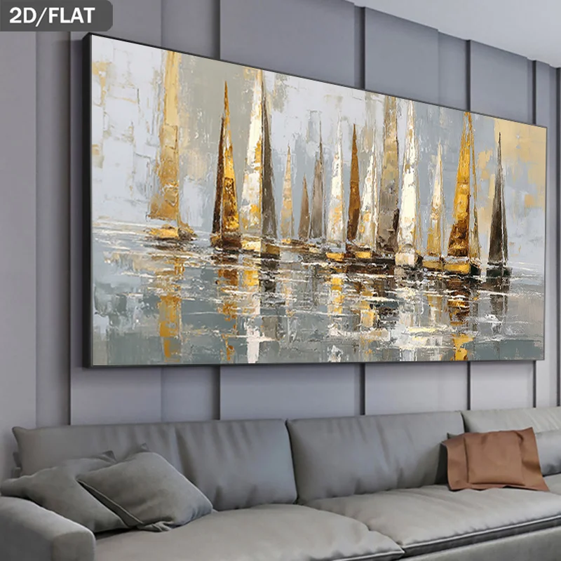 2D Flache Abstrakte Segelboote auf Wasser Leinwandgemälde Wandkunst Moderne Meereslandschaft Leinwanddrucke für Wohnzimmer, Bürodekoration