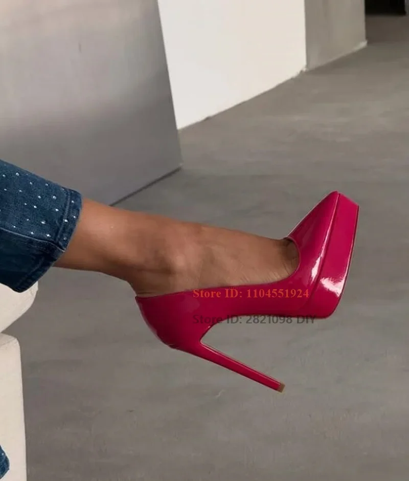 

Fashion Rose Pink Patent Leather Pointed Toe Slip On Pumps High Heel Platform Stiletto Heels Women Dress Shoes