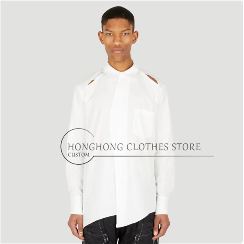 

New pure cotton irregularly cut and open design white large-size shirt