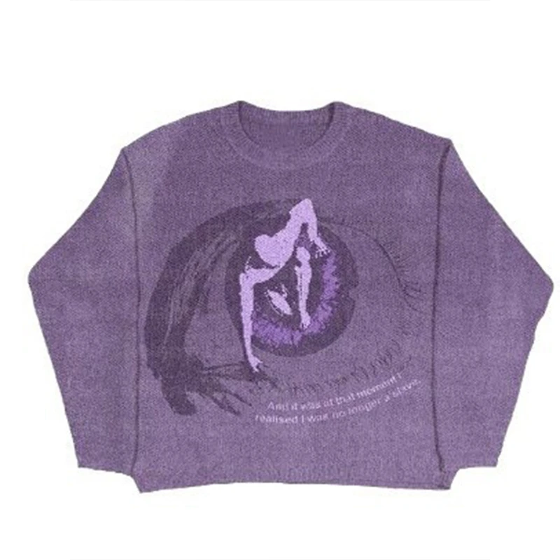 Y2k Halloween Gothic Horror Knitted Sweater Eye Pattern Homens e Mulheres Camisola de Algodão Top Retro Loose Purple Hoodie Casual Ha