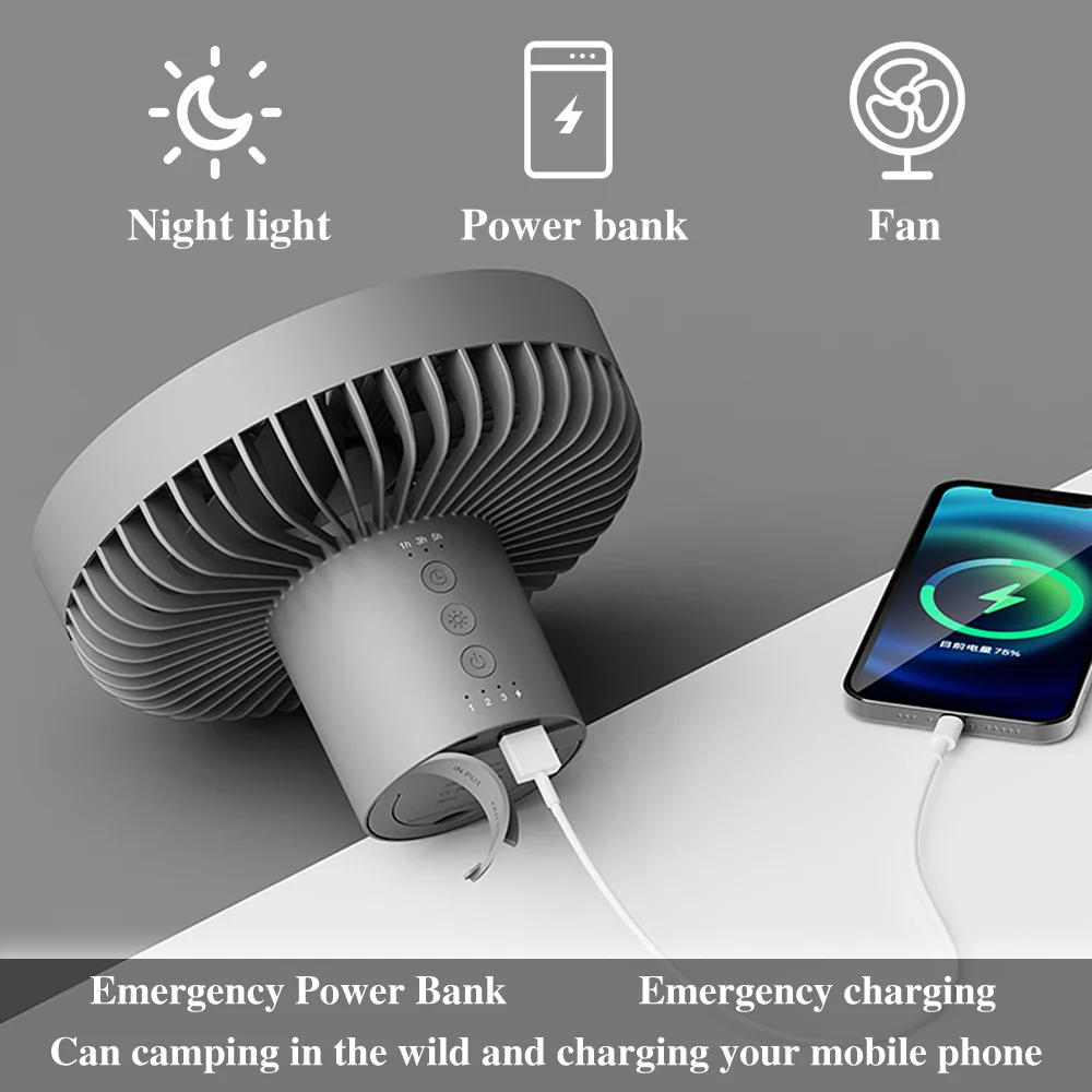 Ventilador elétrico de teto sem fio portátil, Suporte para tripé, USB recarregável, Ventilador elétrico com Power Bank, Luz LED, Ventilador de ar