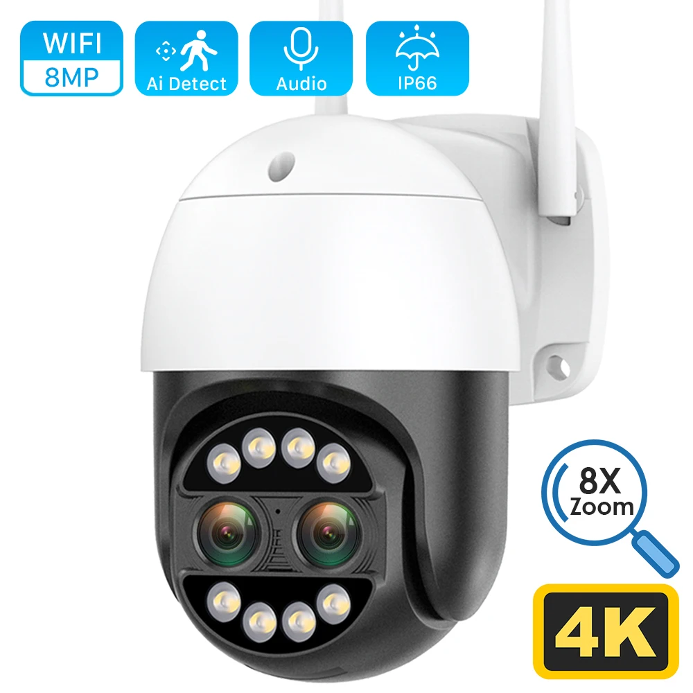 Top 8MP 4K IP Camera WiFi Security CCTV Camera Dual-Lens Color Night Vision 4MP 2K 8X Digital Zoom IP66 Outdoor Surveillance