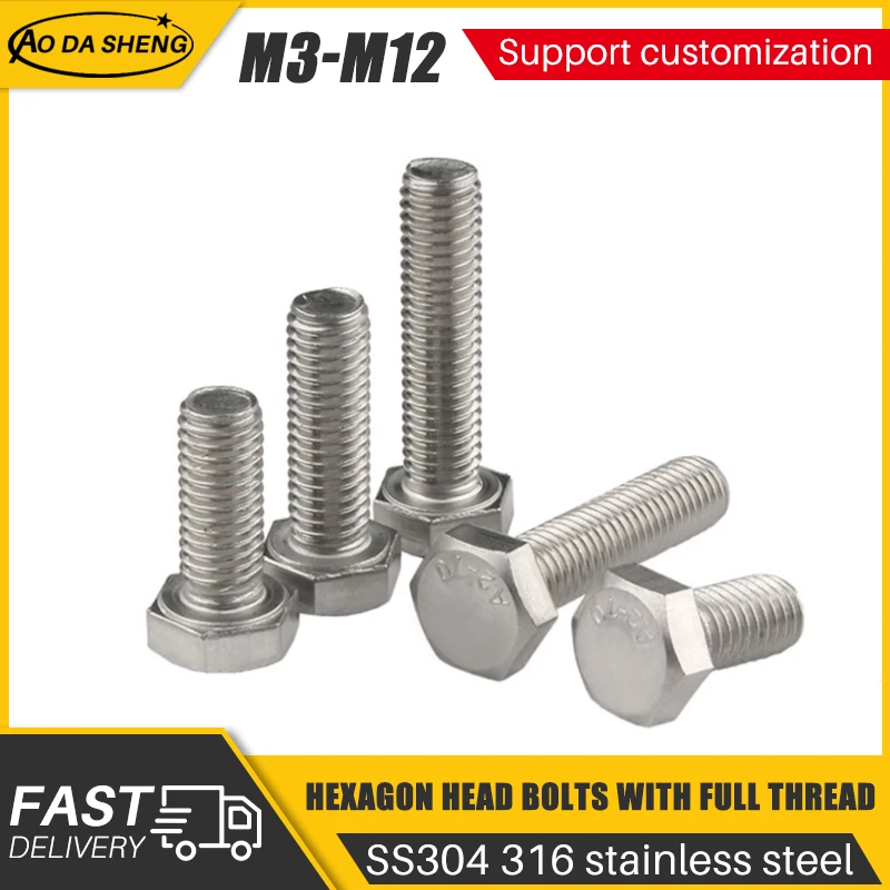 

AODASHENG DIN933 M3 M4 M5 M6 M8 M10 M12 304 Stainless Steel External Hex Head Screw A2-70 Hexagon Hex Head Bolt