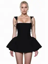 YENKYE New Women Sexy Spaghetti Straps Black Mini Ball Gown Dress Low Waist Lacing Up Back Party Skater Dresses Summer Robe