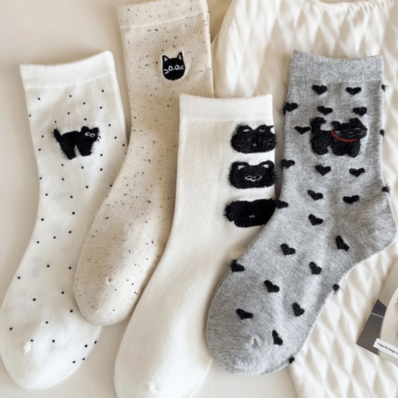 

1/4 pair of cute female cat cartoon spring autumn pure cotton casual socks sweat absorbing odor proof mid tube socks