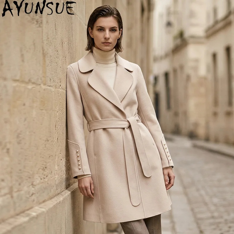

AYUNSUE Women's 100% Wool Coat Fashion Commuting Mid-length Outerwear Solid Double-sided Woolen Jacket Woman Clothes Ropa Mujer