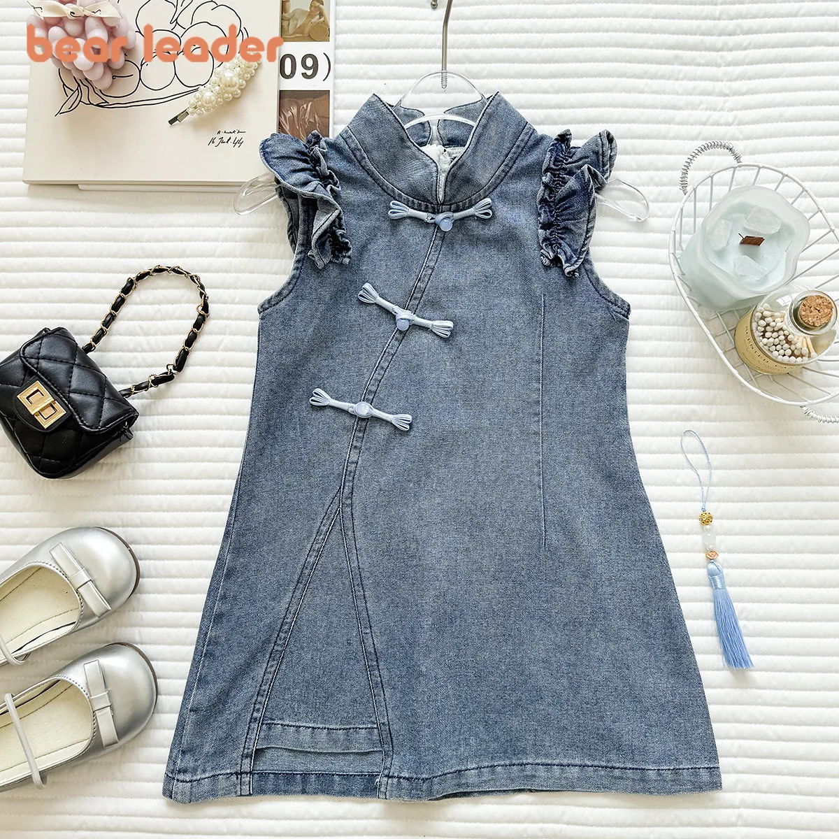 

Bear Leader Fashion New Girls' Clothing Summer Dresses Blue Cowboy Sleeveless Pankou Chinese Style Children's Dress