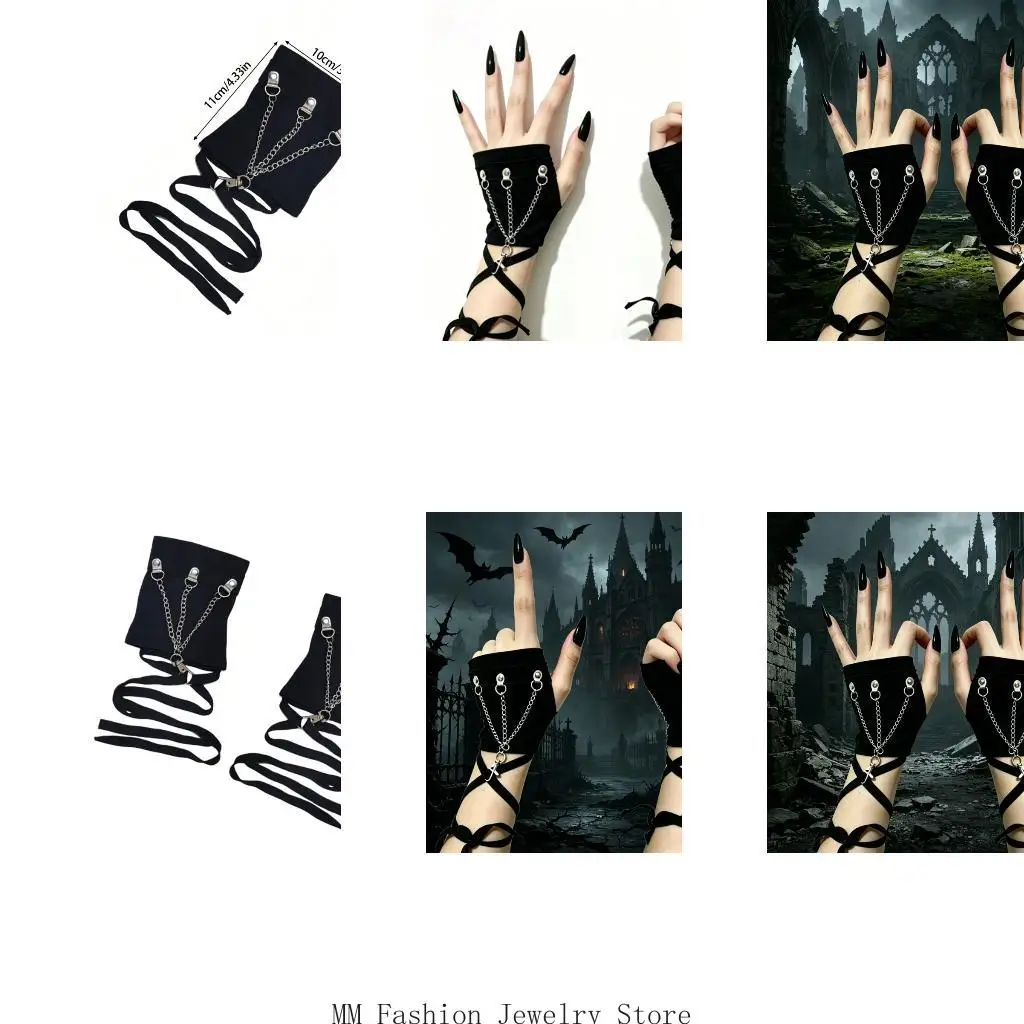 Chain Decors Gloves Fingerless Sleeve Pair in Black Polyester, Wrist Accessory for Festival Styling and Layered Outfits D0UB