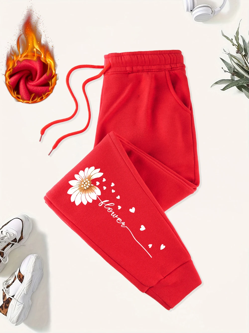 الإبداعية الحب زهرة مطبوعة Sweatpants المرأة أساسيات بنطال رياضي جيب الدافئة الصوف بنطلون الخريف الشتاء امرأة رياضية